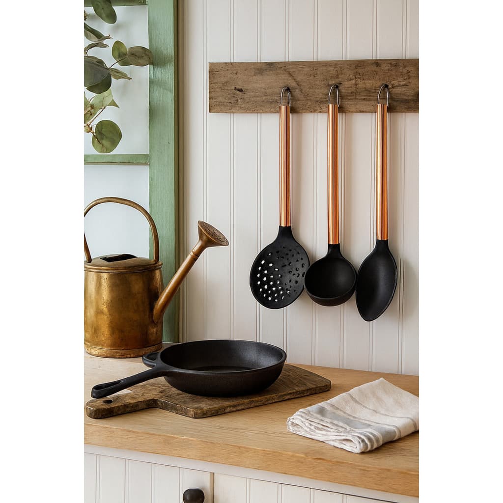 Kit 3 Conjunto Colher De Servir Concha Escumadeira Silicone Inox Rose Gold