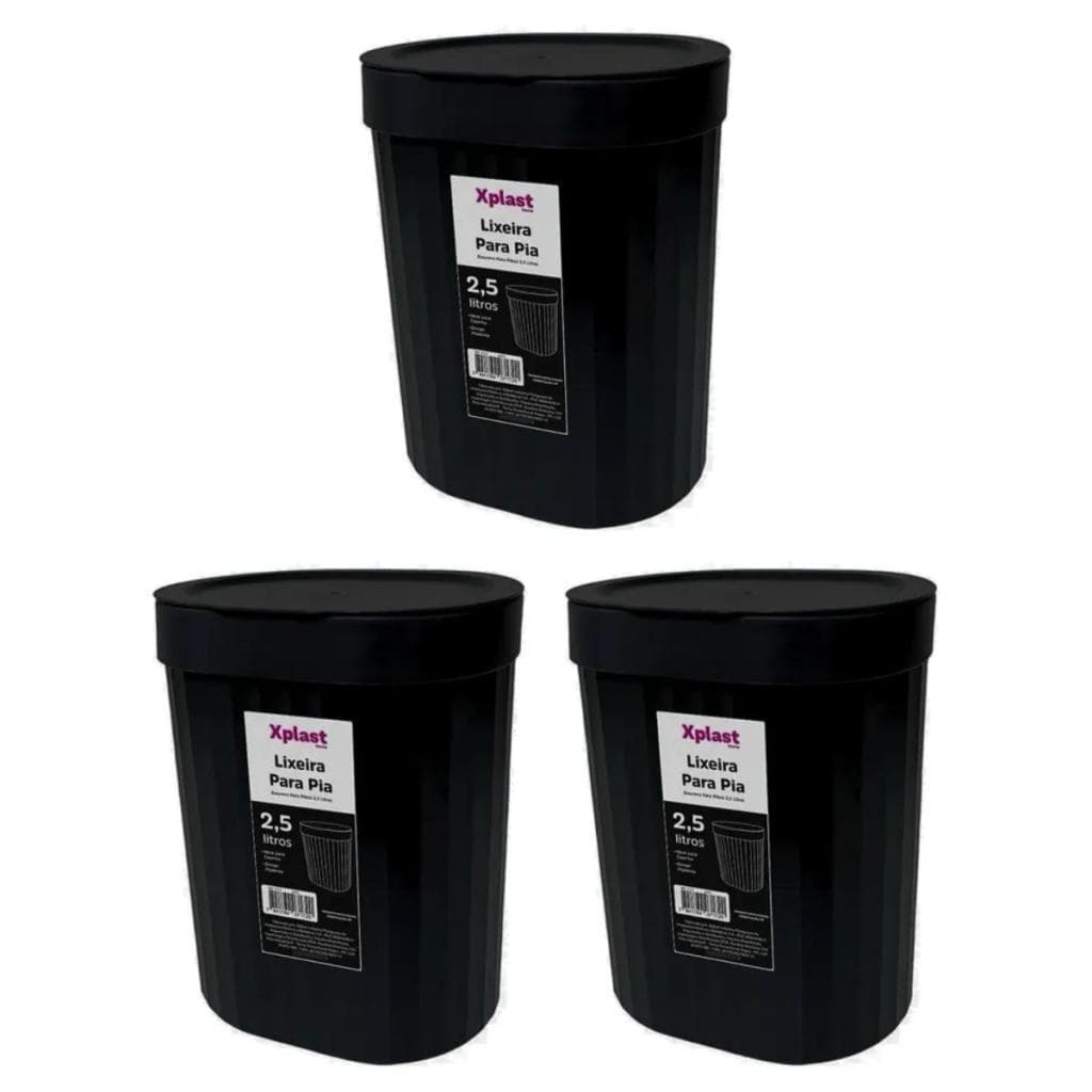 Kit com 3 Unidades Lixeira Pia Cozinha 2,5l Com Tampa - Click - Preta