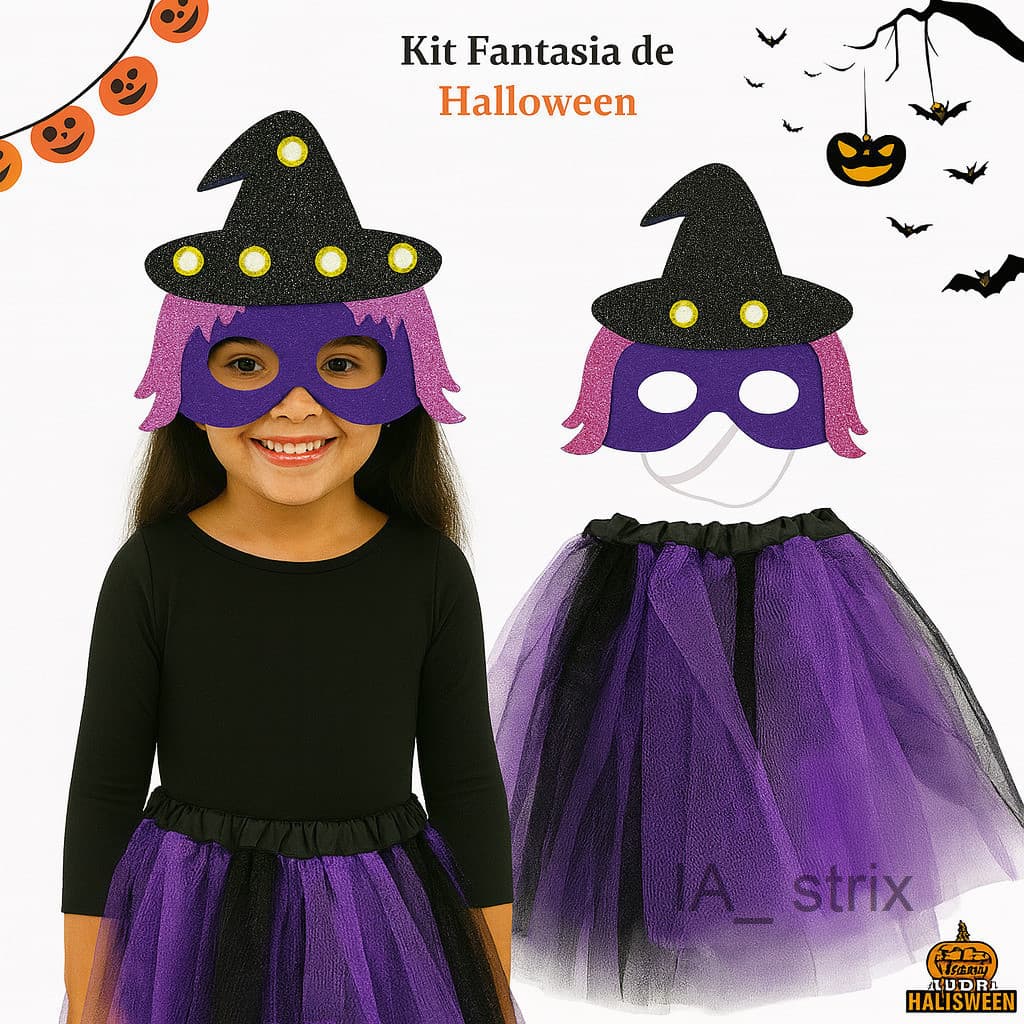 (V)Fantasia Infantil Halloween Bruxinha Roxa com Máscara e Saia 30cm – Kit com Chapéu LEDA2AN