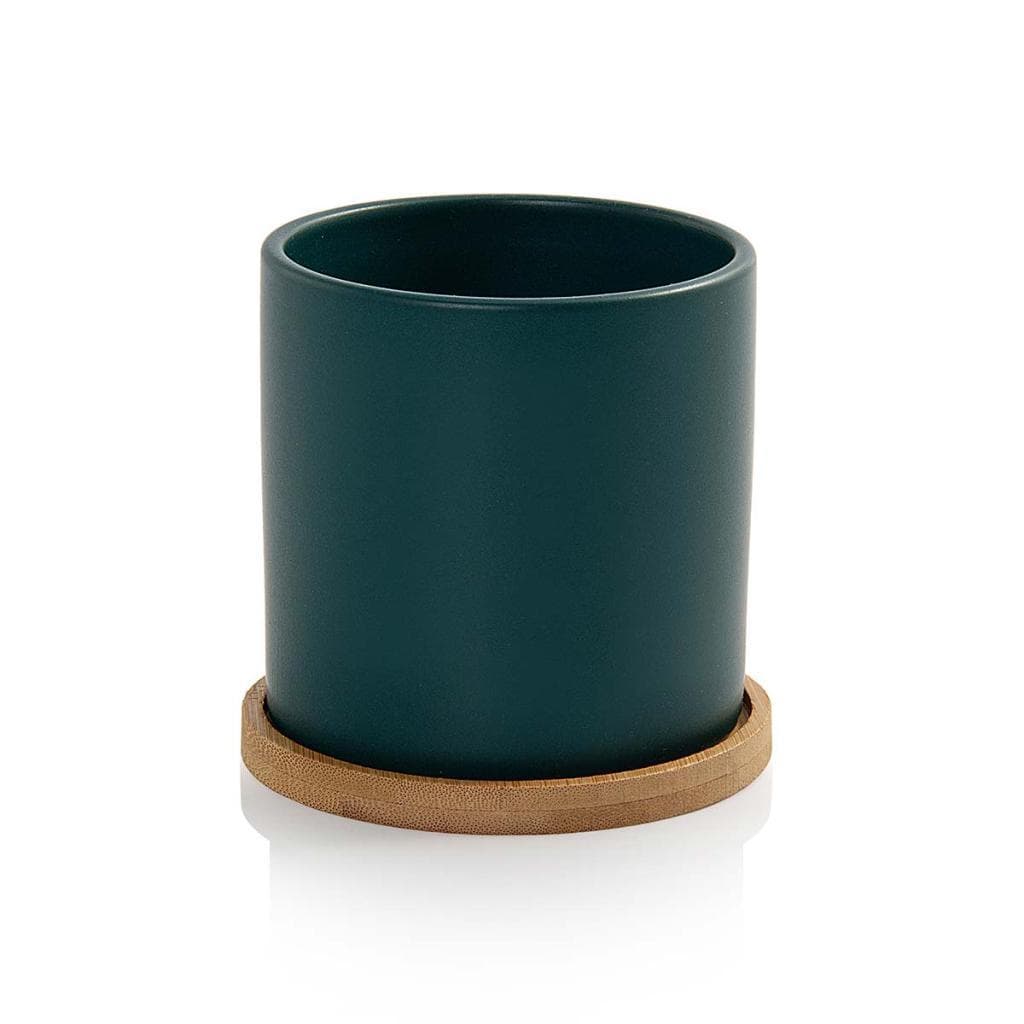 Vaso Cachepot com Prato de Bambu Verde Fosco P Cube Pozzani