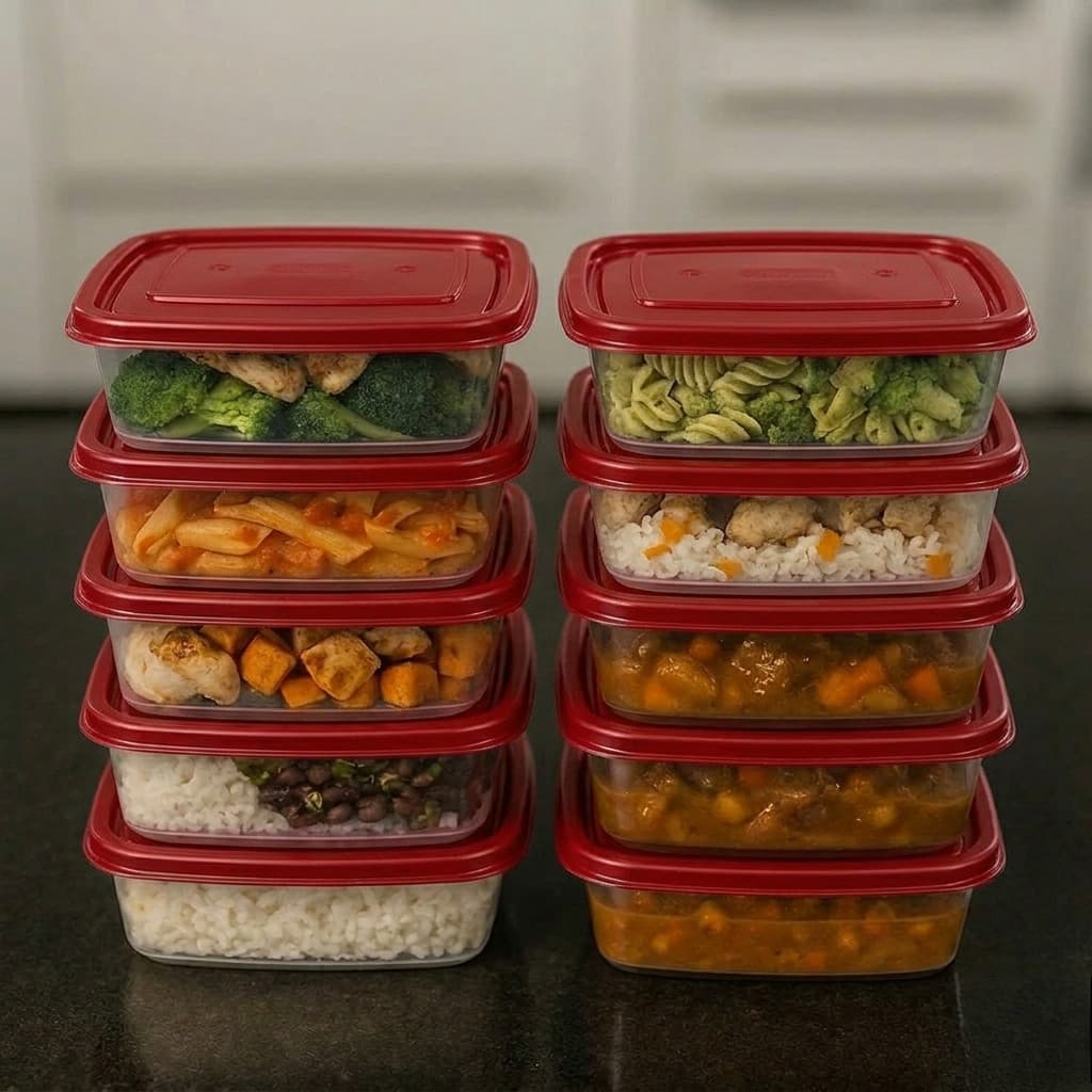 Kit 25 Potes marmitas 1L Transparente com Tampa Vermelha - LIVRE BPA - Marmita Reutilizável