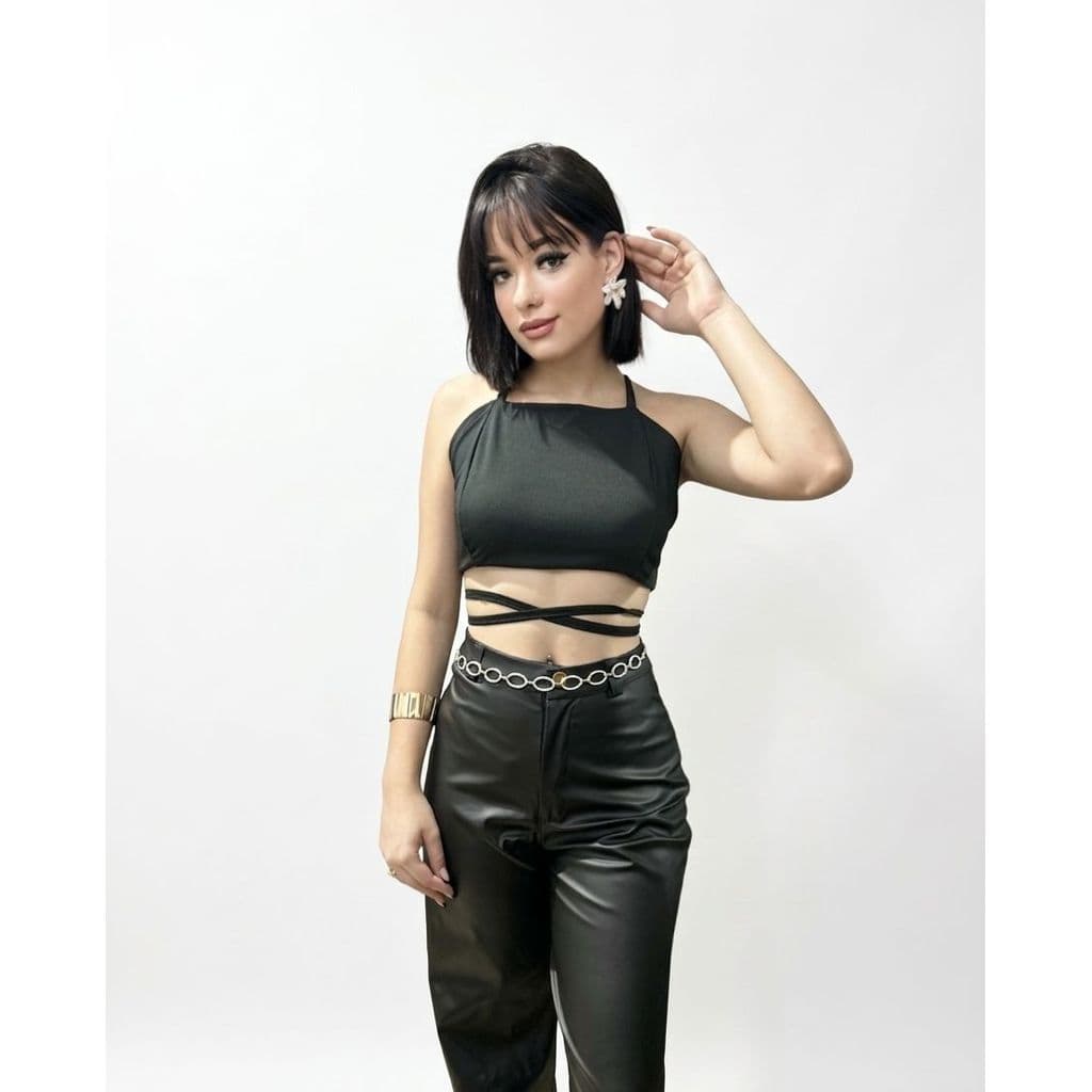 Blusa Feminina Cropped Amarração multiplo modelo Suplex Confortável P M G - Preto Branco Off