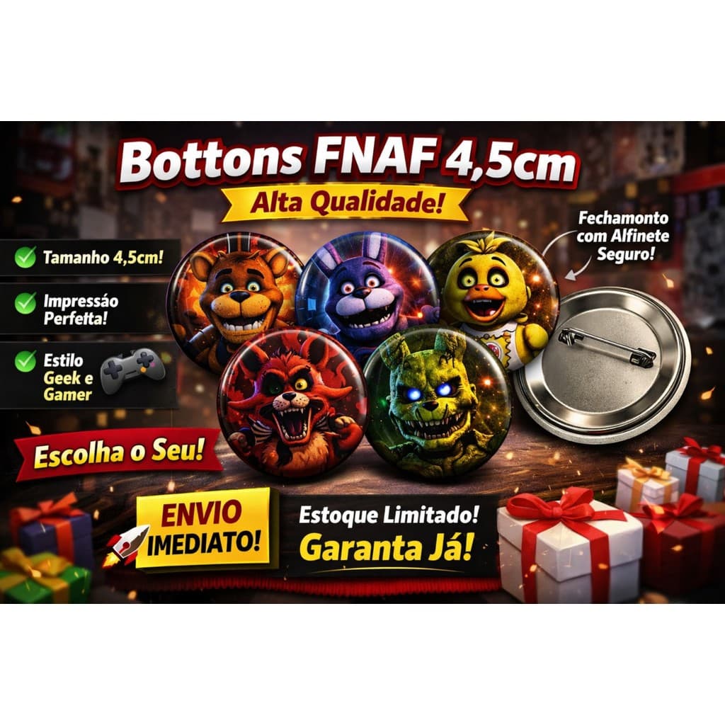 Bottons FNAF 4,5cm Five Nights at Freddy’s Geek Game Anime Nerd Broche Alfinete Alta Qualidade
