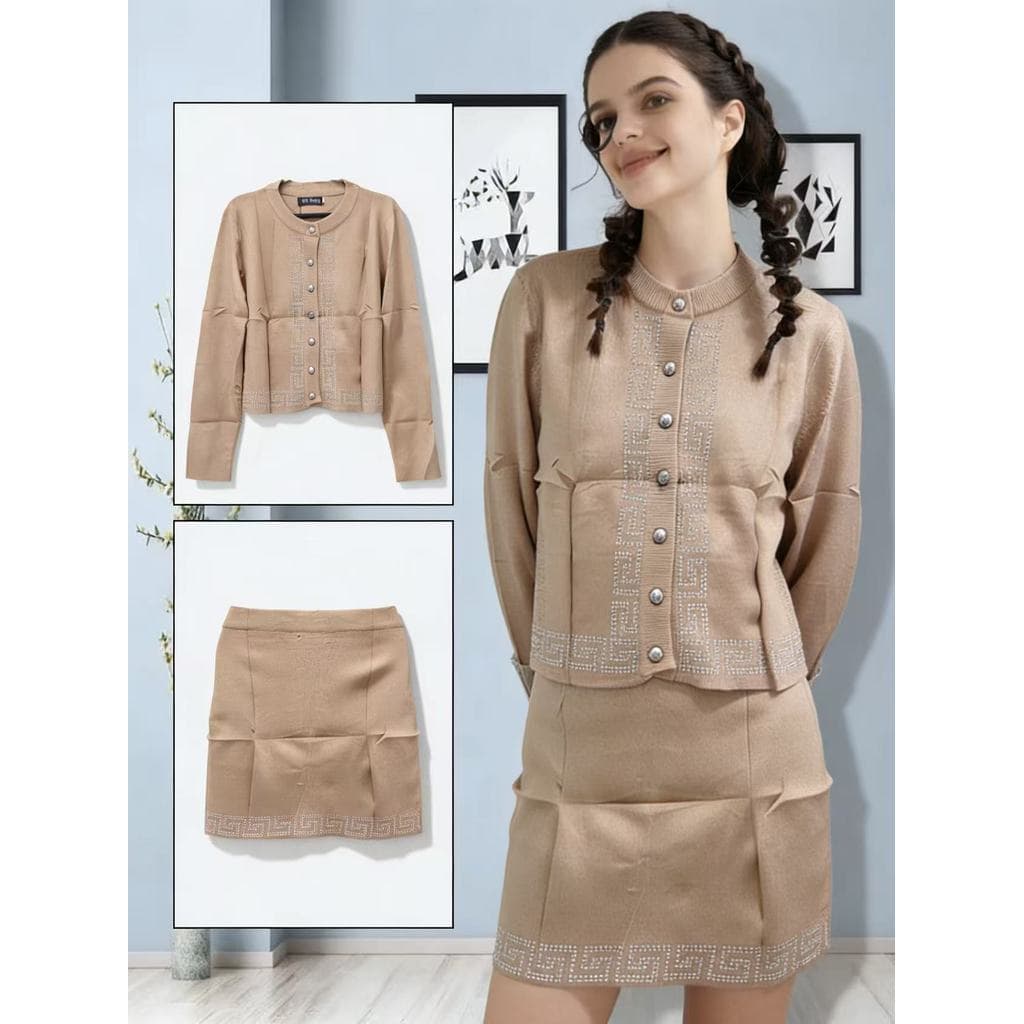 Conjunto de malha feminina de alta qualidade e moda, blusa e saia curta, conjunto popular