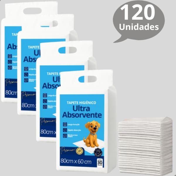 Kit 4 Tapete Higiênico Descartável para Cachorro Premium Ultra Absorvente 80cm x 60cm - 120 Unidades