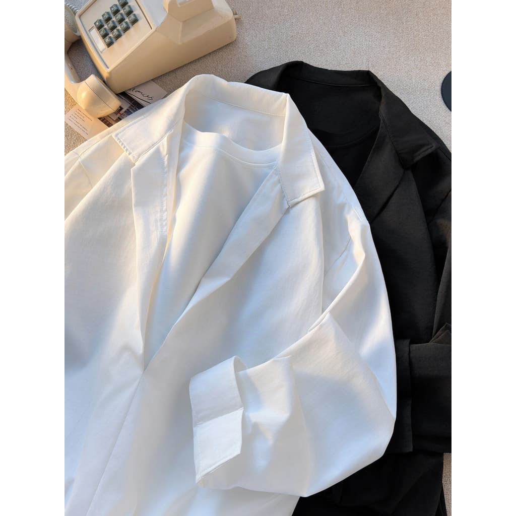 Outono Casual falso de duas peças camisa de manga comprida masculina solta não-ferro cor sólida protetor solar camisa na