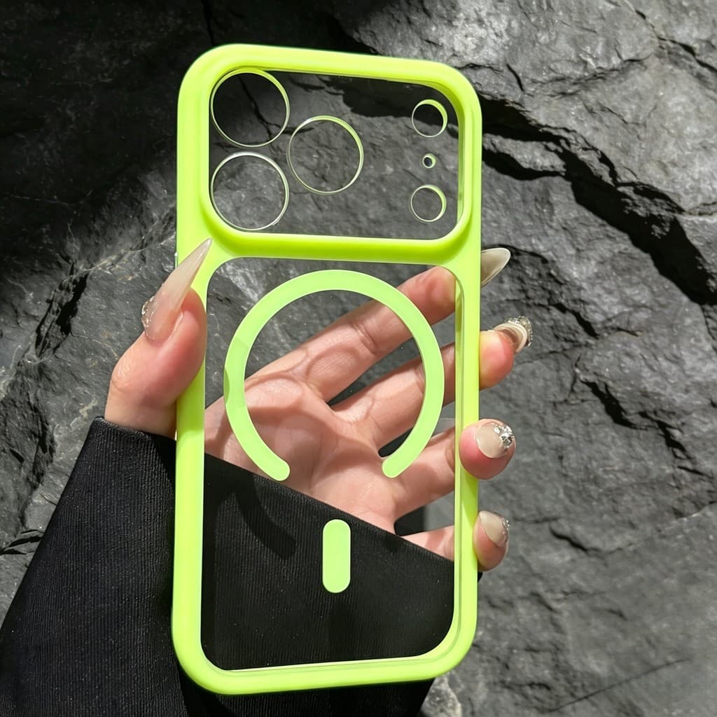 Transformado Em Série 17 , Capa Magnética Transparente Verde Neon Para Janela Grande iPhone 17 16 15 14 13 Pro Max Trase