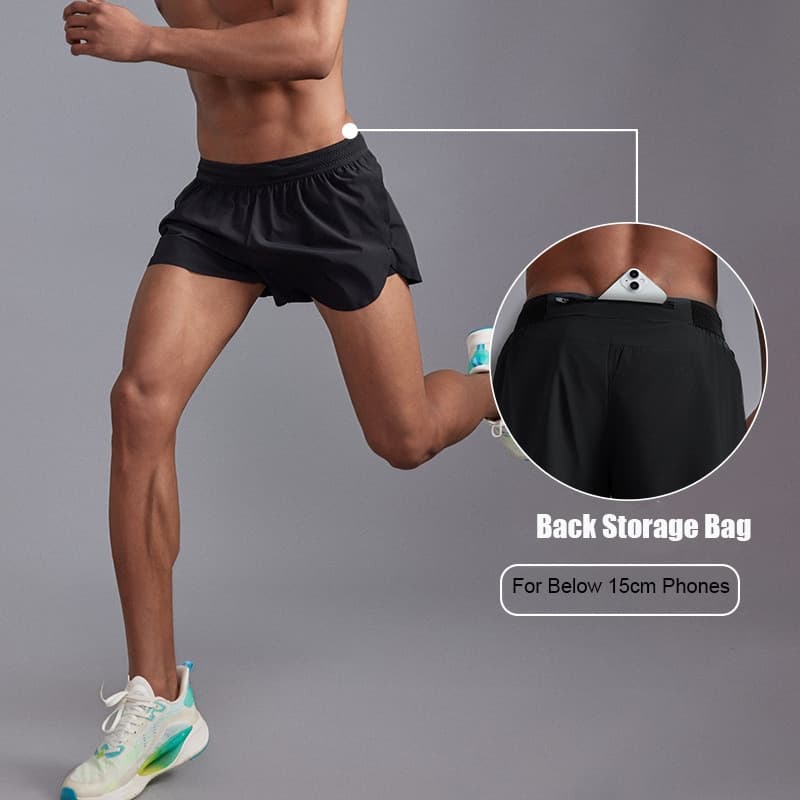 Shorts De Três Quartos De Corrida De Camada Dupla Ultraleve Masculino Sem Costura De Secagem Rápida Com Bolso Traseiro B