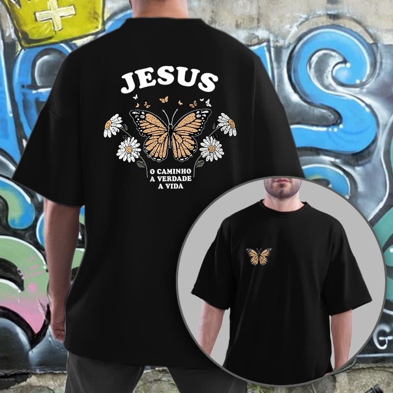 Camiseta Oversized Religiosa Jesus Borboleta - 100% Algodão PP ao G1