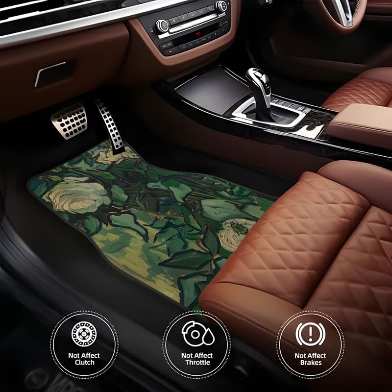 Conjunto De 4 Peças , Tapetes De Borracha De Carro Com Padrão De Estilo De Pintura A Óleo Floral Verde Antiderrapantes U