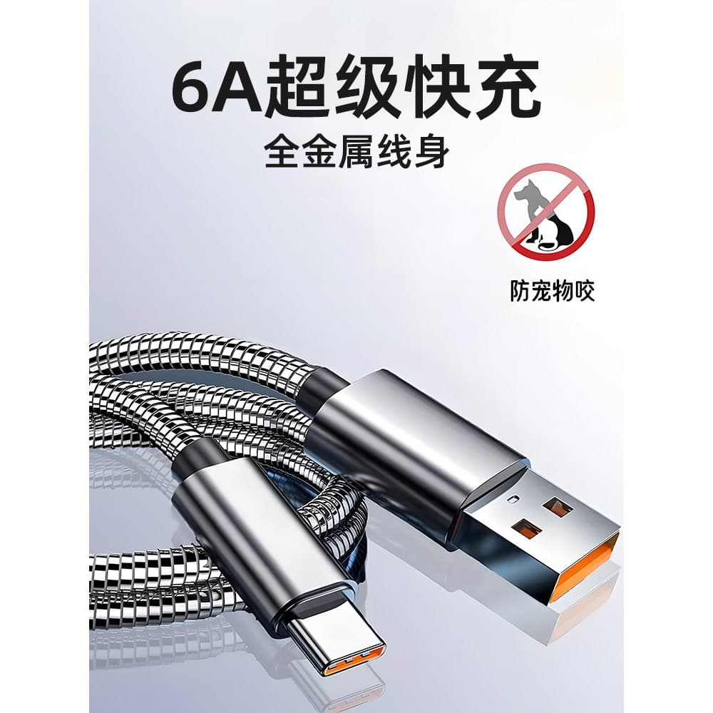 Xueen 66W Carga Super rápida tpyec Aço inoxidável All-Zinco Metal 6A Cabo de dados Anti-Pet Cat Dog Bite Cabo de carrega