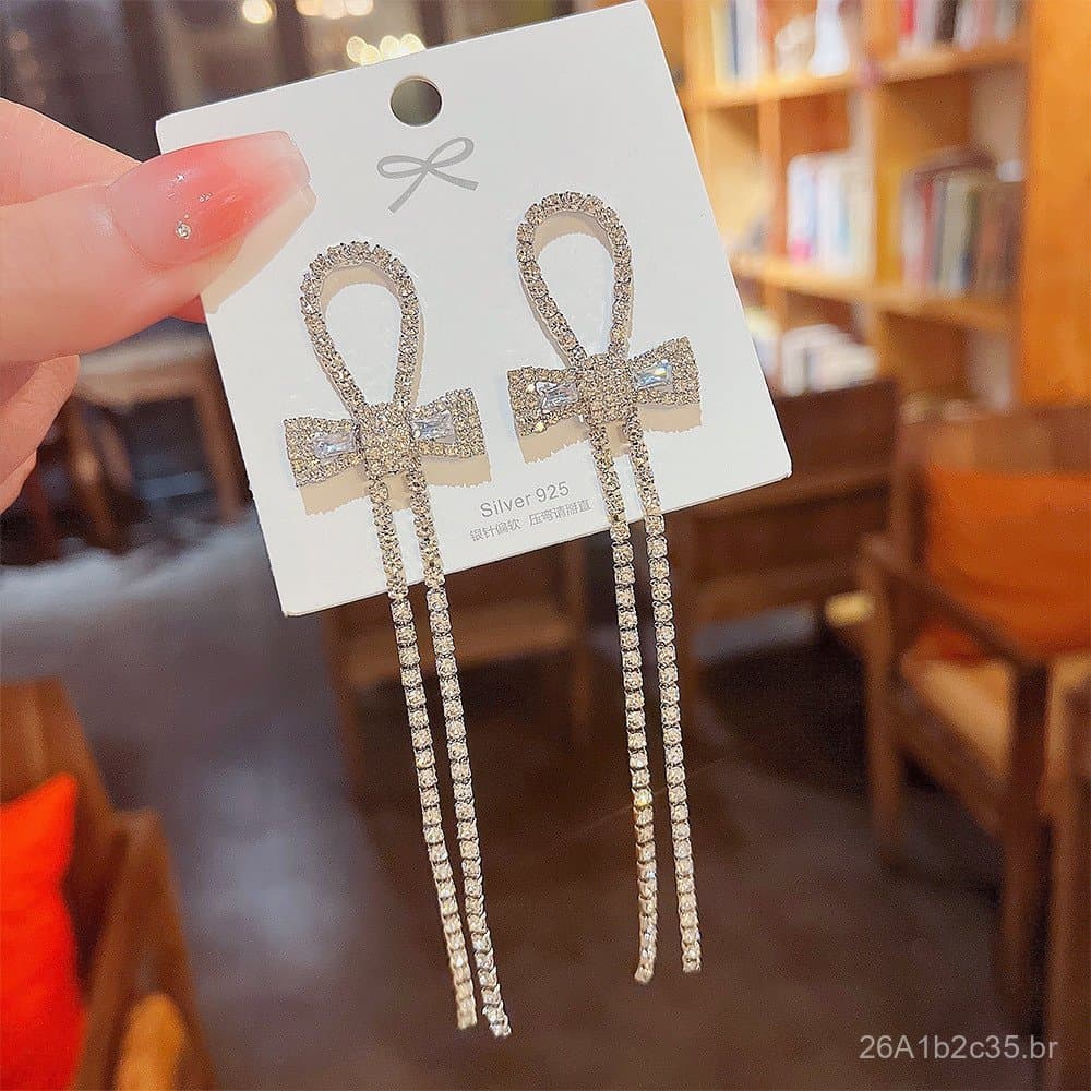Brincos de laço com diamantes, em prata 925, brincos de alta qualidade e tendência, brincos de luxo com franjas para sen