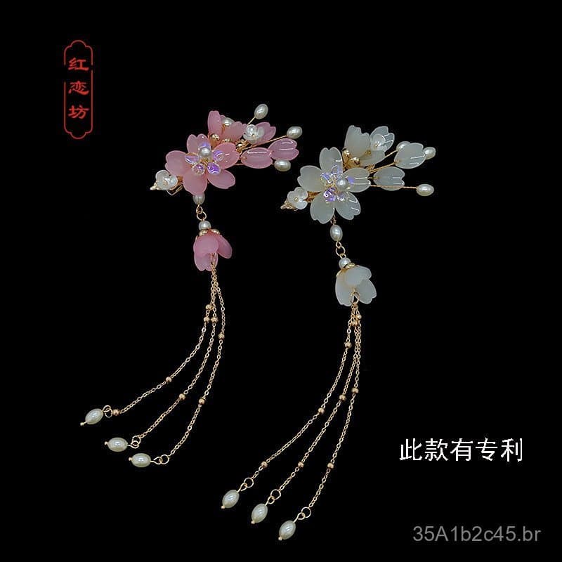 Acessório de cabelo Hanfu de estilo antigo com franjas, grampo de cabelo com flor de jade rosa, bastão de cabelo, grampo