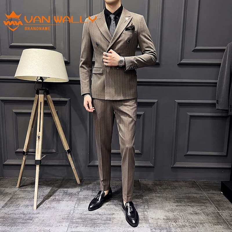 Terno de café masculino listrado duplo Breasted terno casamento noivo vestido negócios Casual profissional Formal terno