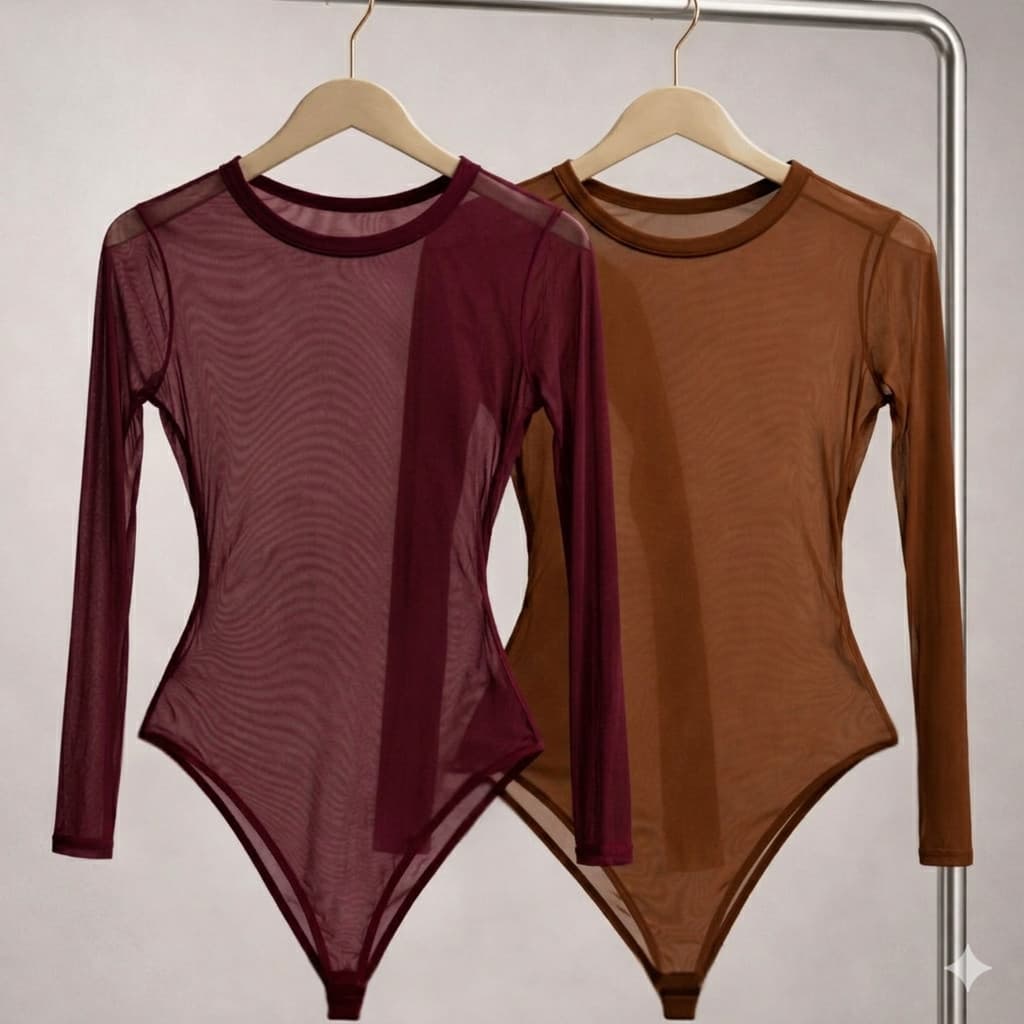 Kit com 1 ou 2 peças Body de Tule Bori Manga Longa Preto Influencer Transparente com Elasticidade Moda Feminino