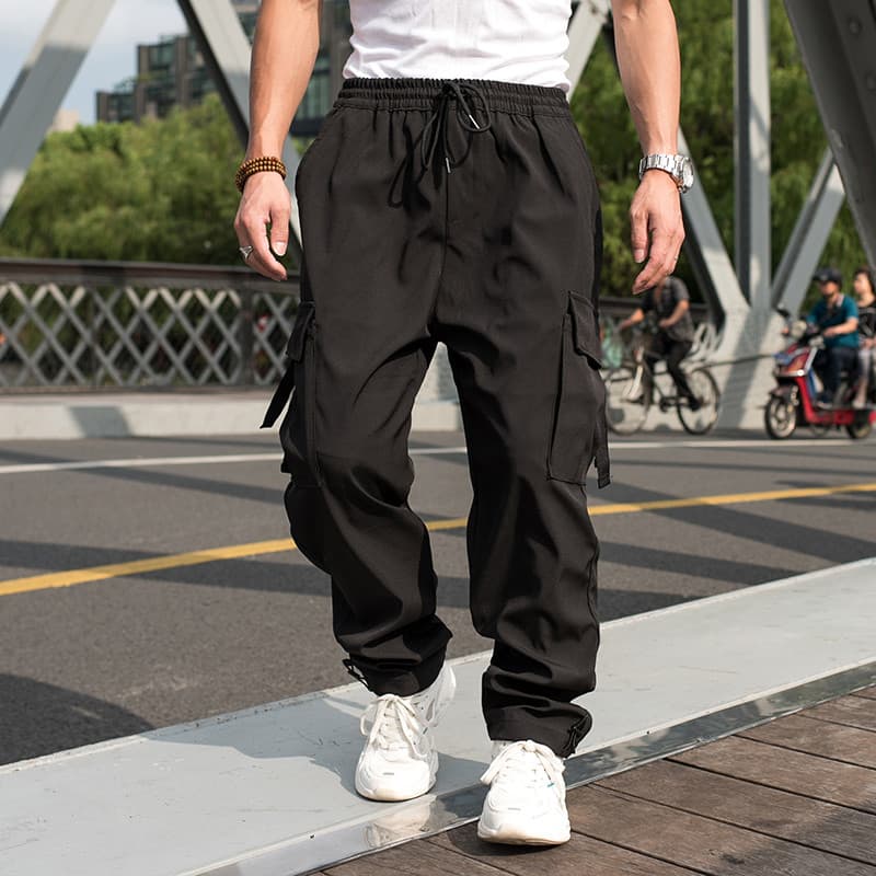 Moda gorda calças esportivas Streamer bolso calças casuais em linha reta calças masculinas cintura elástica calças mascu