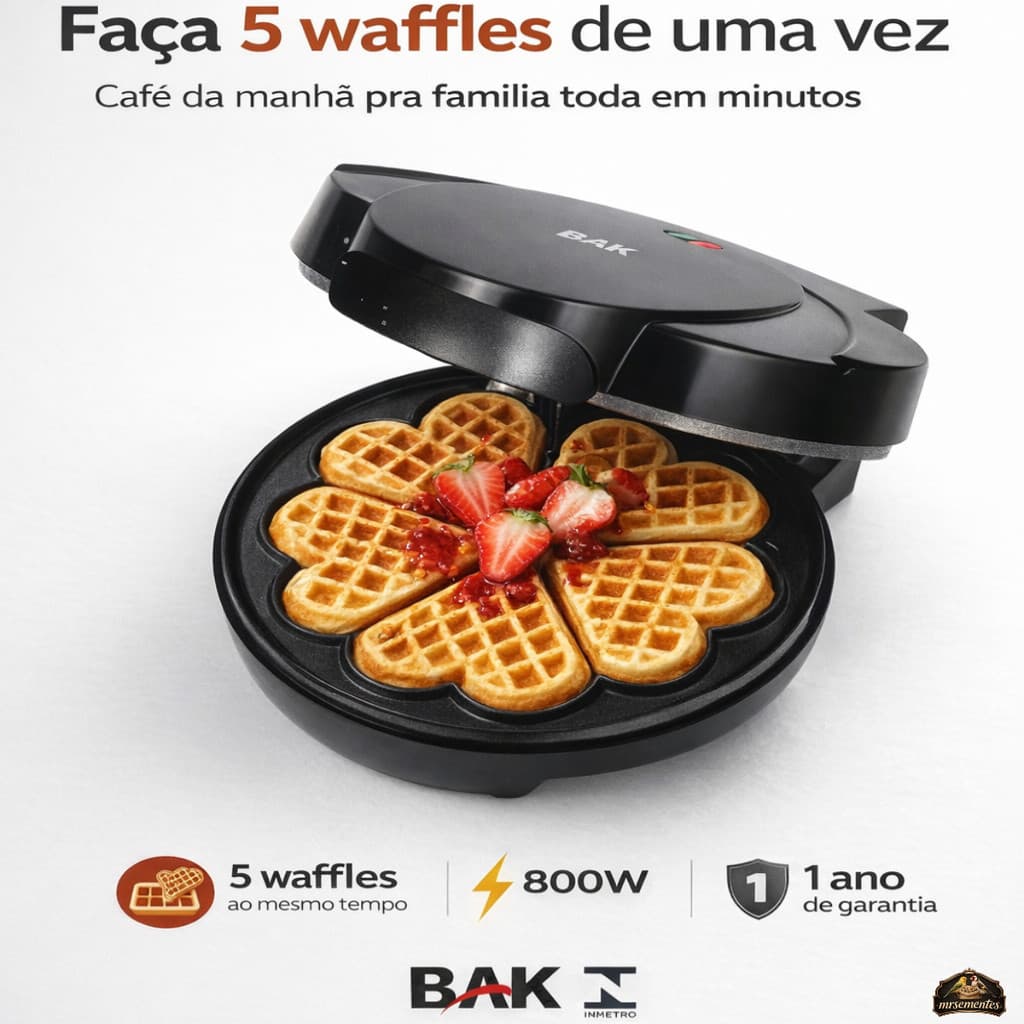 Máquina De Waffle Elétrica Bak 800w Faz 5 Waffles Anti Adere