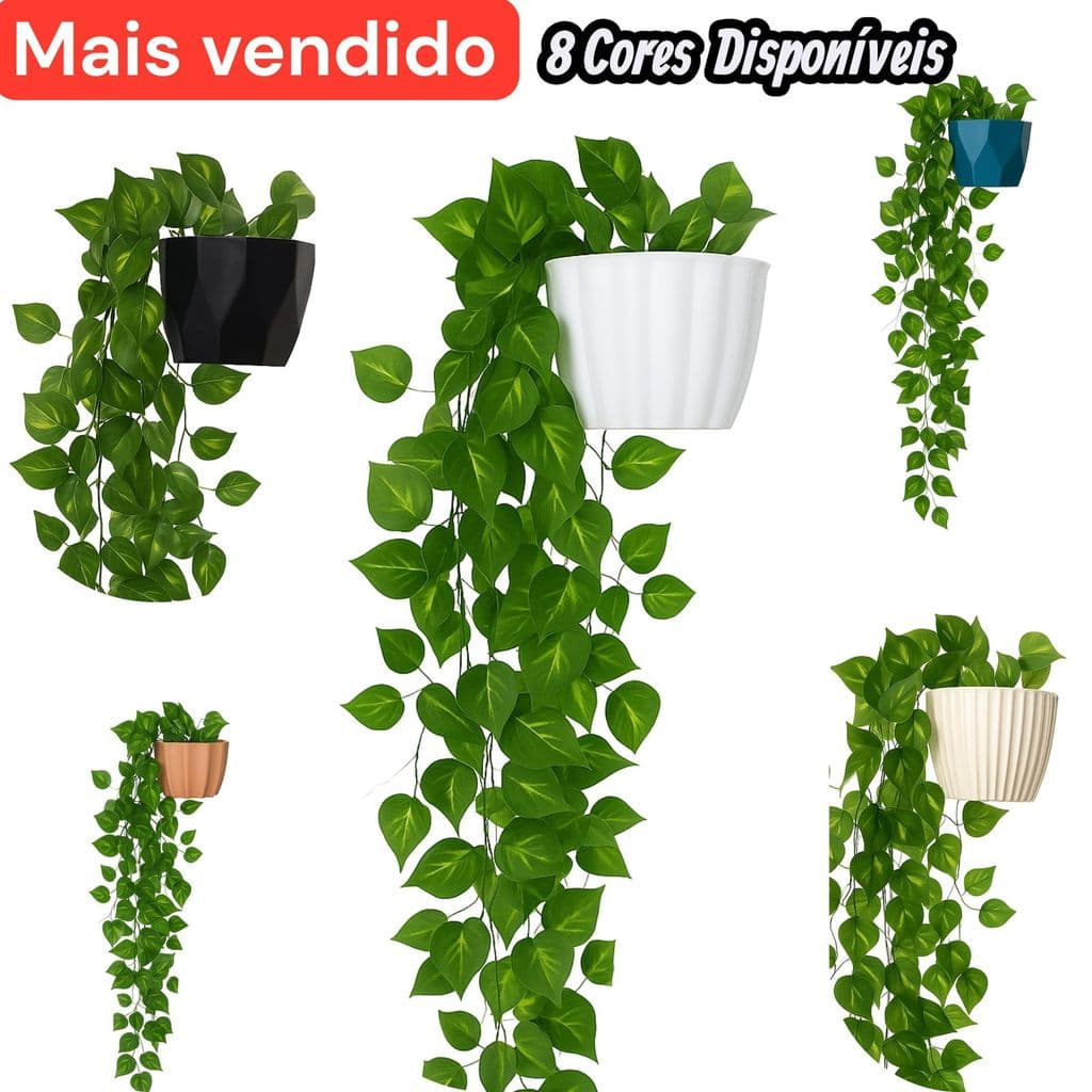 Kit Decorativo Vaso Estilo Cerâmica + 2 Plantas Penduradas Verde Artificial para Parede e Varanda