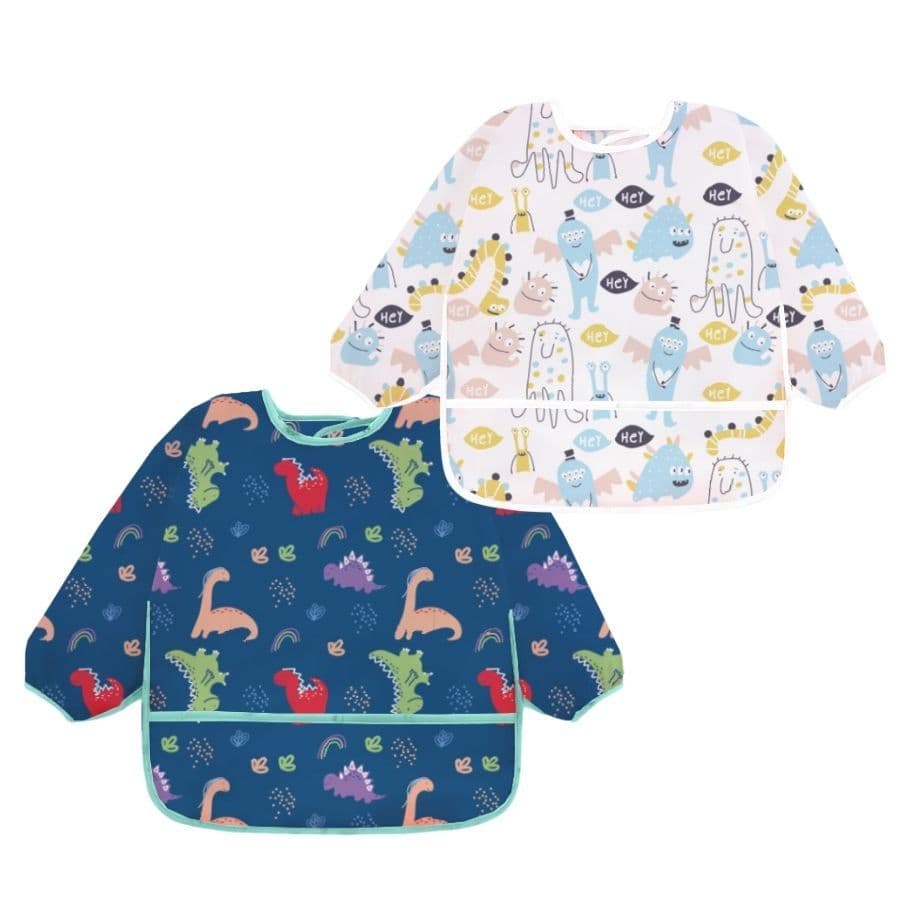 Kit 2 Babador Manga Longa Impermeável Bebê Dino Monstro Azul