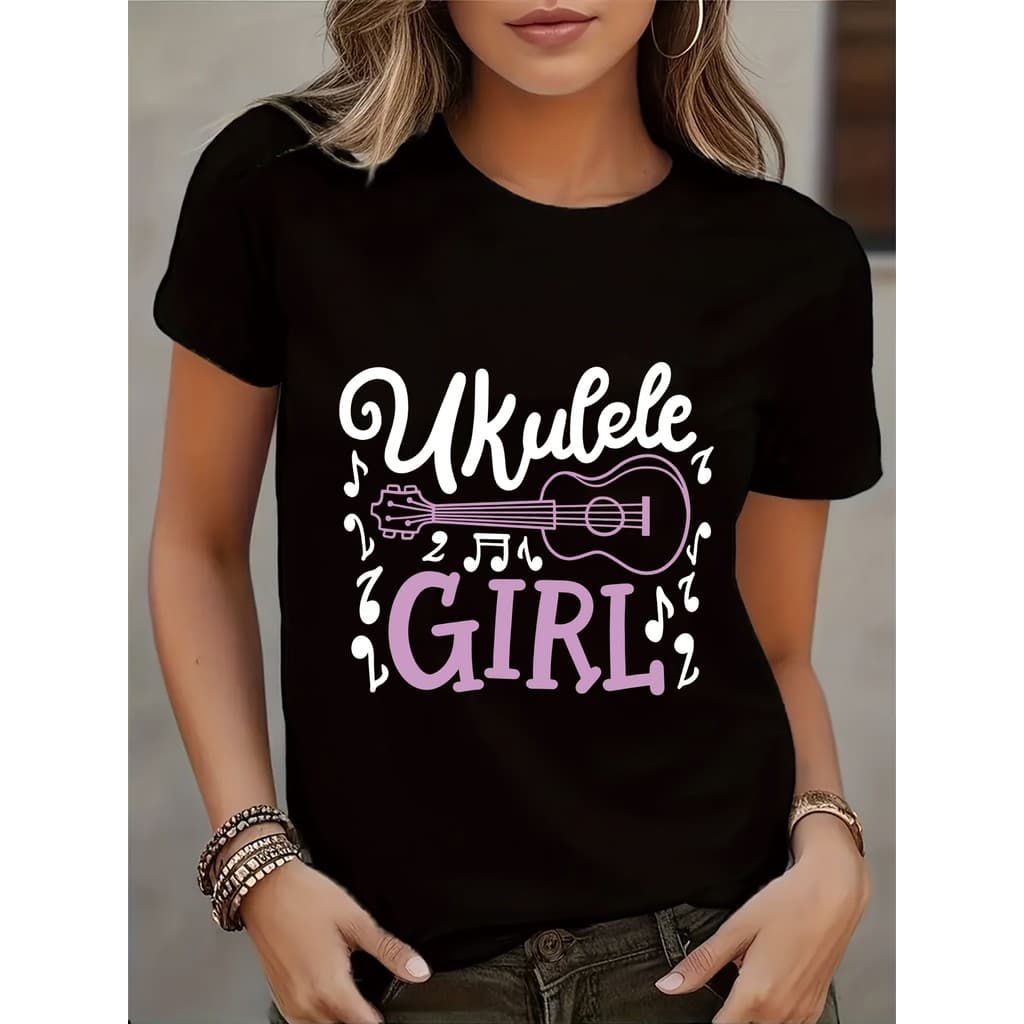 Camiseta Feminina Ukulele Musical Print Confortável Leve Divertida Verão