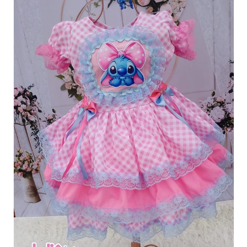 Vestido de festa junina tematico stitch rosa