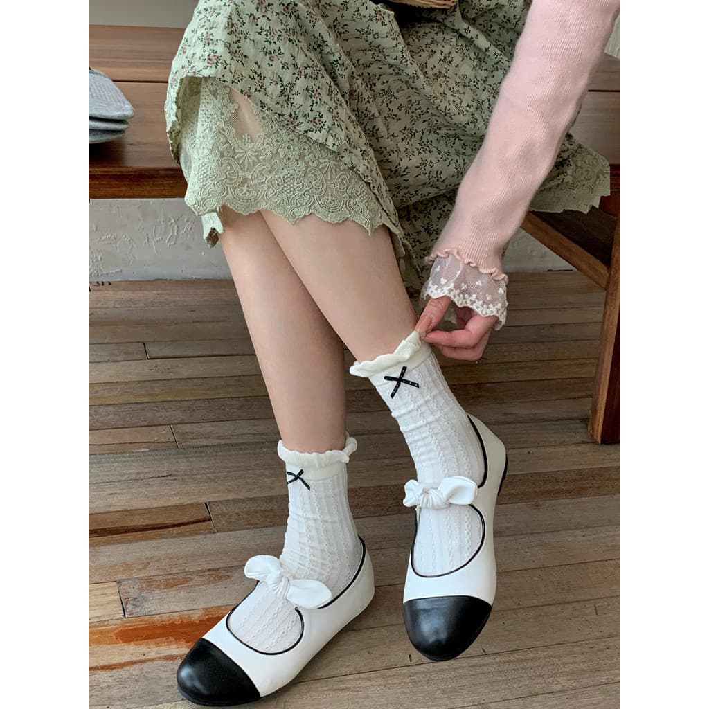 Gaozhi cinza arco ins na moda All-Match meias femininas meias de tubo médio japonês bonito primavera outono algodão deso