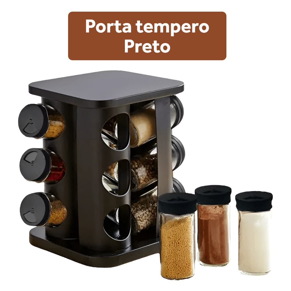 Porta Temperos Condimentos Giratório preto com 12 Potes de Vidro