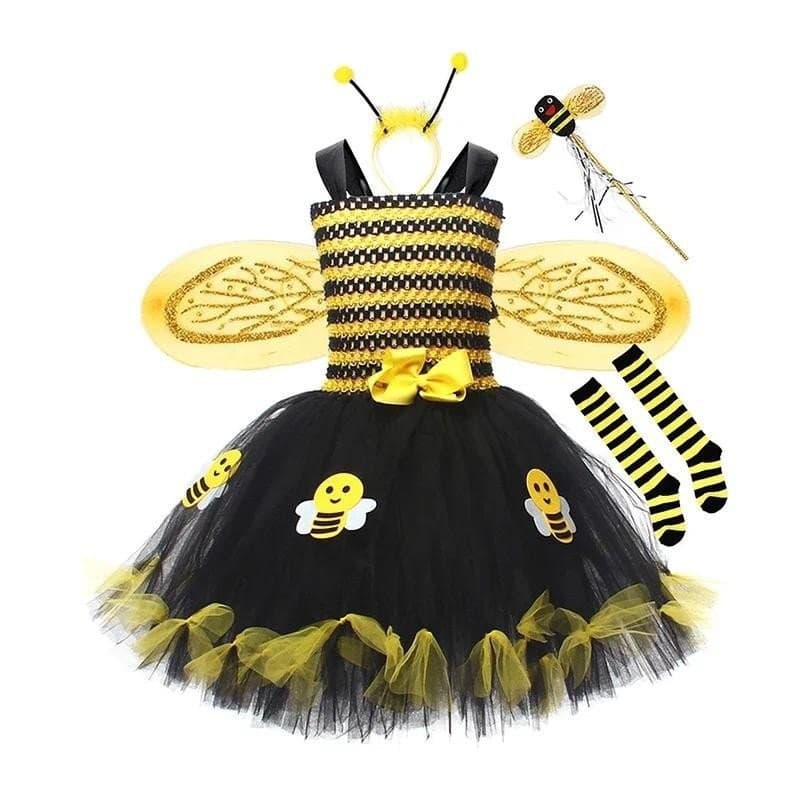 Fantasia de Abelha para Meninas de Halloween, Vestido de Tule Sem Mangas, Bandana, Leggings e Conjunto de Varinha para F