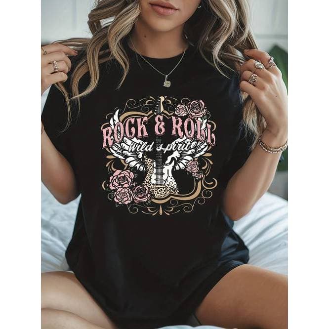 Camiseta Feminina Estampa Guitarra Elétrica Rock and Roll Casual Confortável Estilosa Moderna Moda Primavera Verão