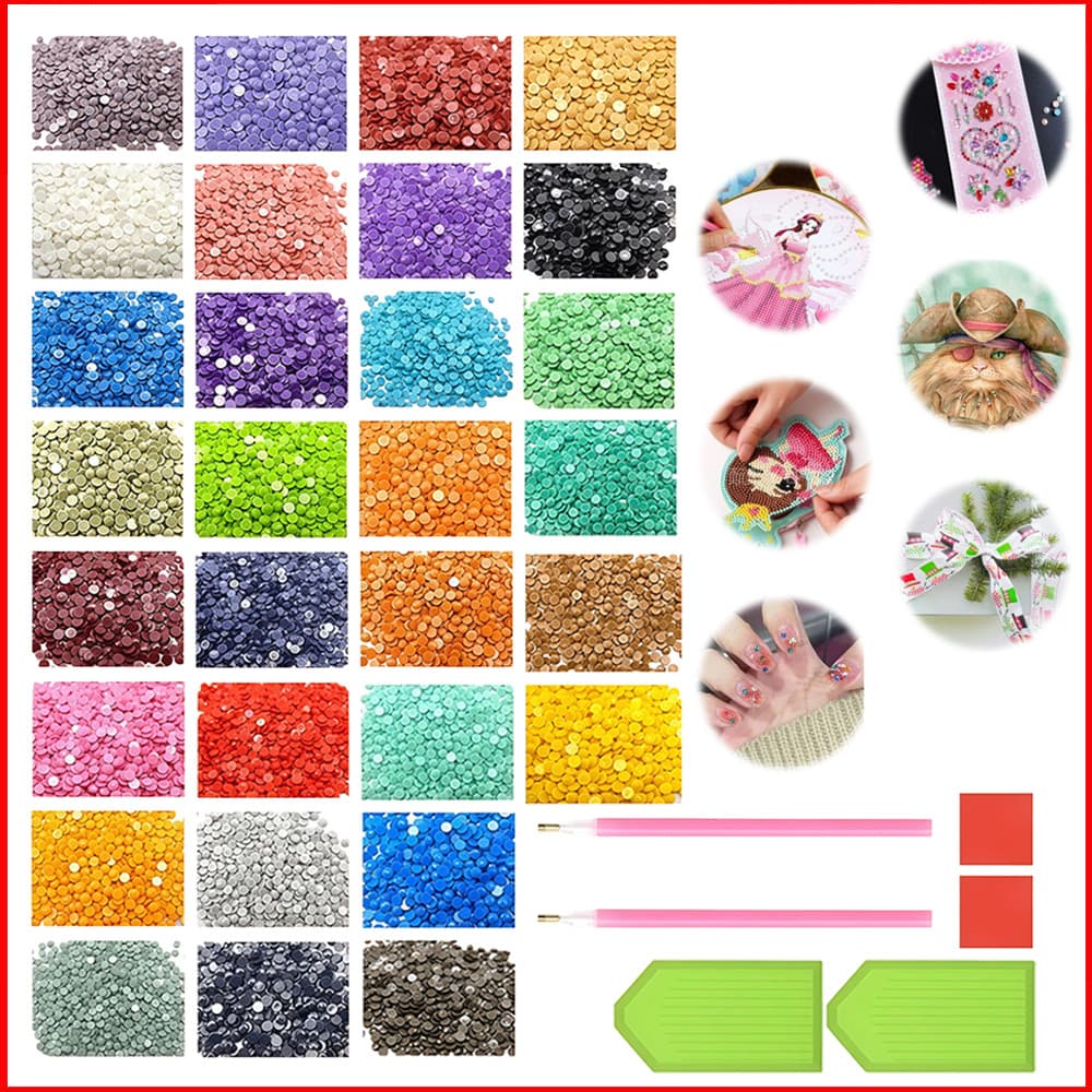 Diamantes Redondos para Pintura 30 Cores com 2 Bandejas – 2 Canetas e Adesivo, 15000 Unidades, para Decoração