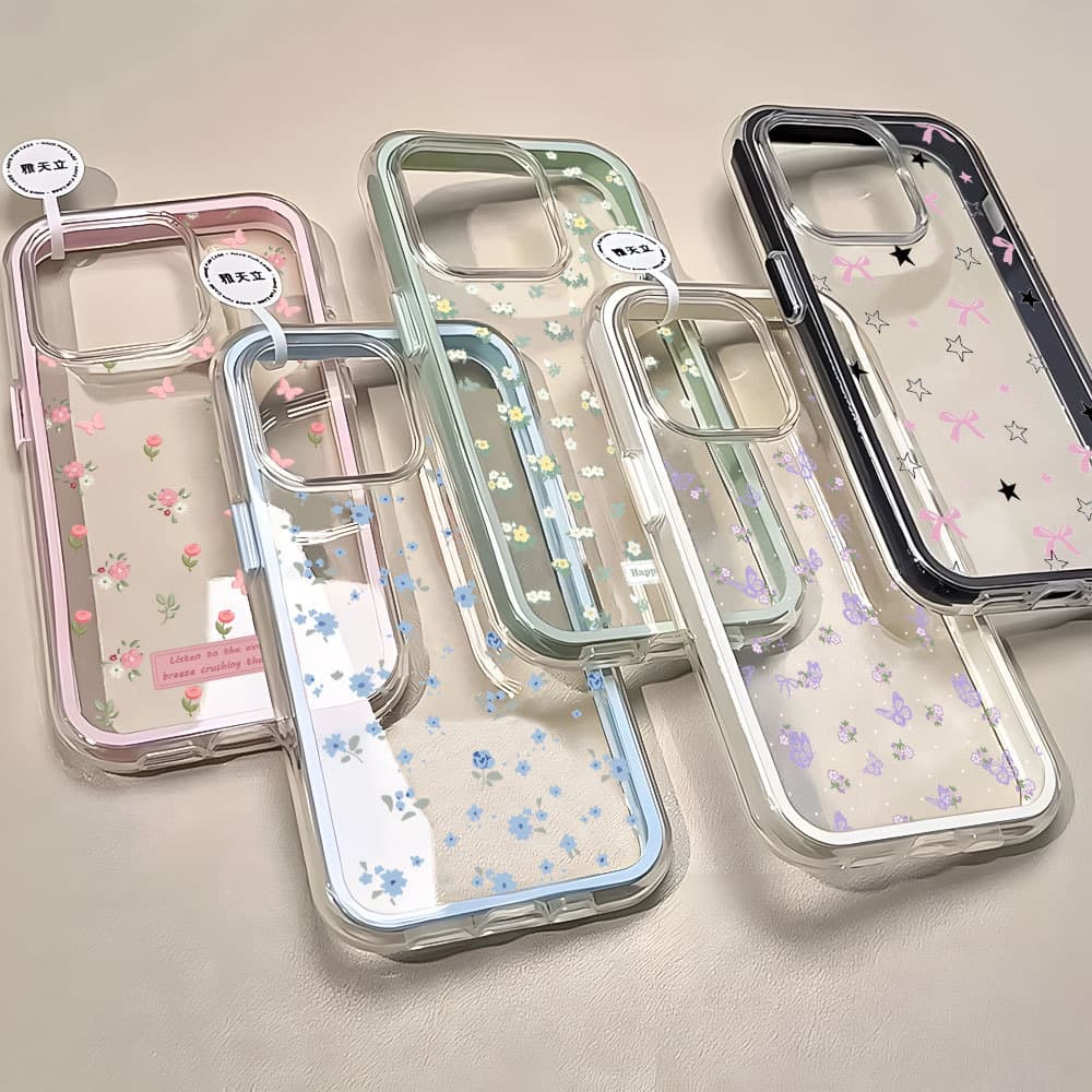 Capinha Capa 2 Em 1 Para iPhone 16 15 14 Plus 13 12 11 17 Air Pro Max Pequena Flor Transparente Anti-Impacto