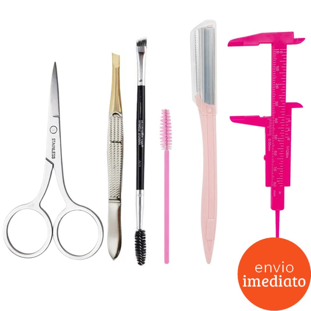 Kit Pincel Design Sobrancelhas Paquímetro Escovinha Pinceis Navalha Tesourinha