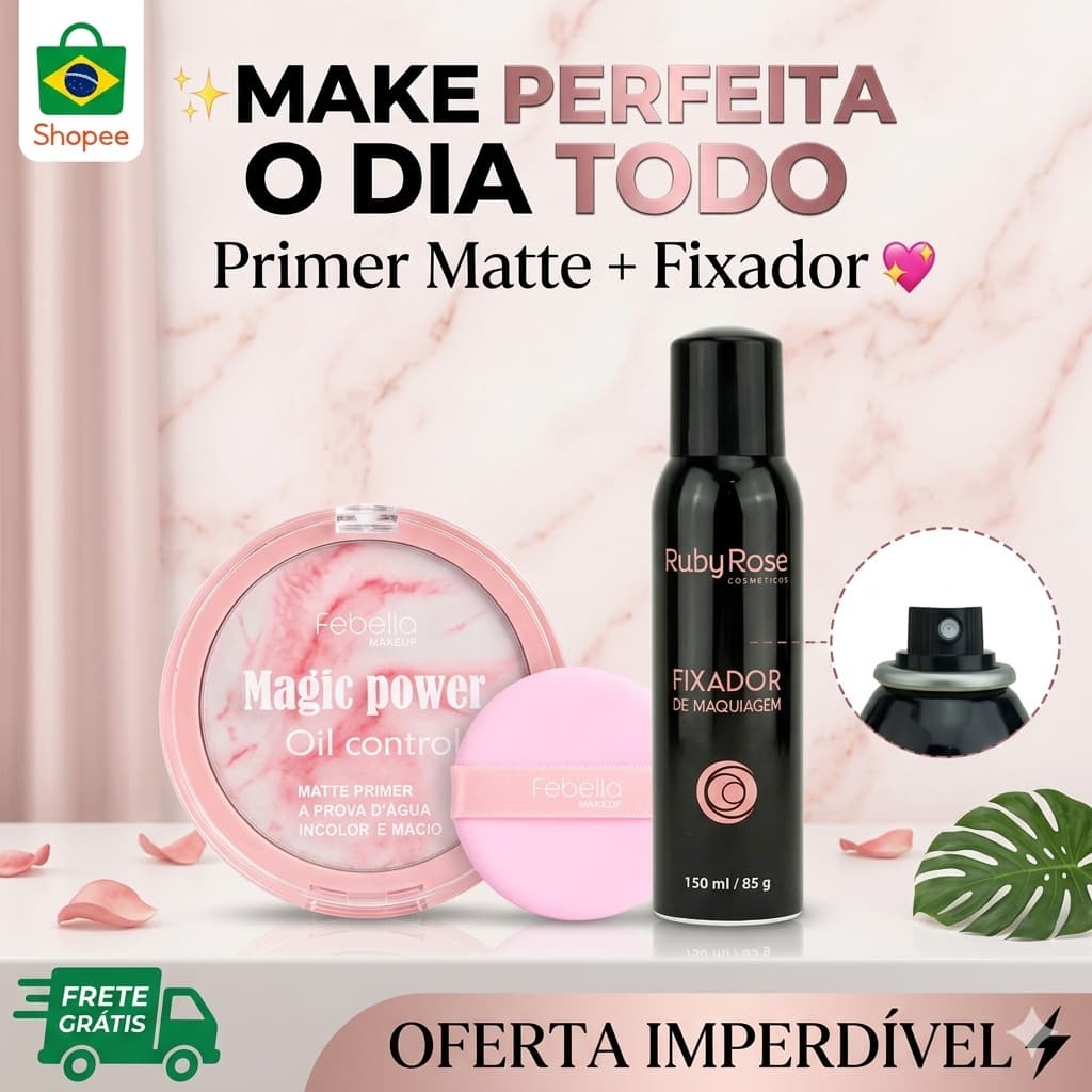 ✨ Kit Primer Matte + Fixador Ruby Rose 💖 Controle de Oleosidade | Make Duradoura | Pronta Entrega 🚚 Envio Imediato