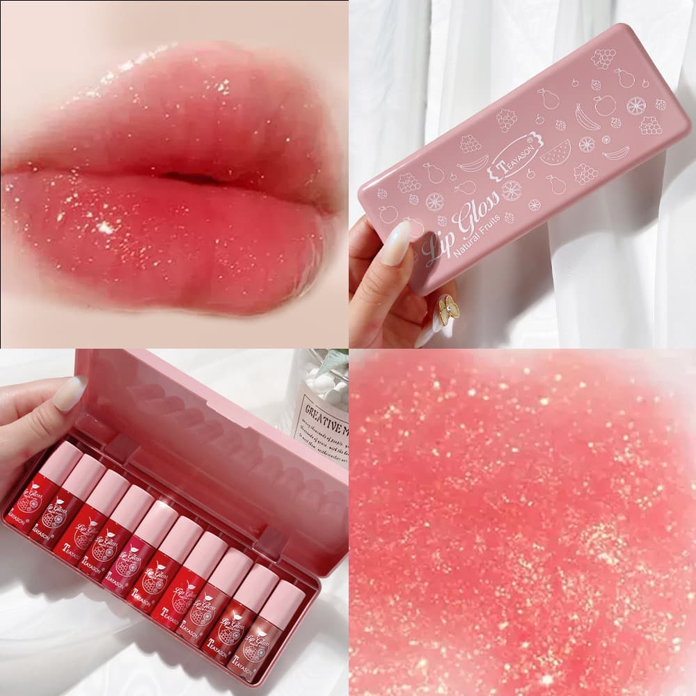 10 pçs conjunto rosa perolado brilho labial tintura lábio líquido brilho labial hidratante de longa duração hidratante b