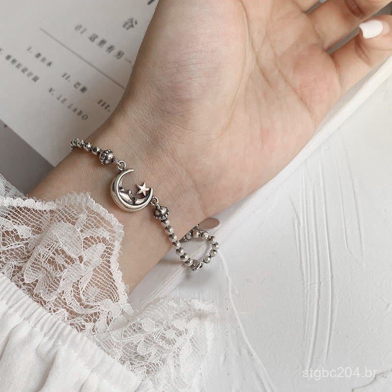 Pulseira Vintage Desgastada com Lua e Estrela da Moda Coreana de Dongdaemun para Mulheres, Joia Simples e Única em Prata