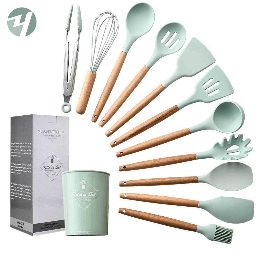 Conjunto de Utensílios de Cozinha de Silicone Verde Água com Cabo de Madeira, 11 Peças, Espátula Antiaderente, Conjunto