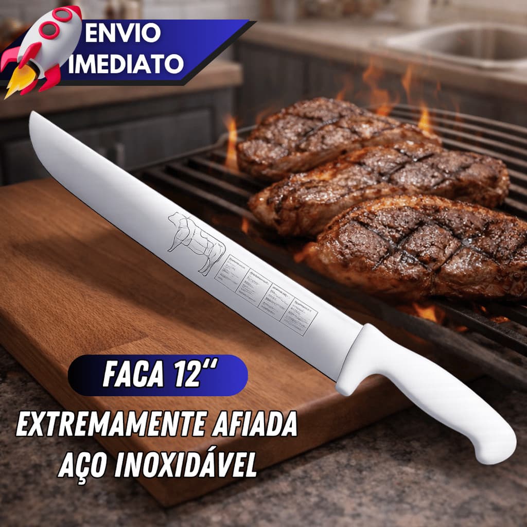 Kit 1/3/4 Facas 12 Polegadas Cabo Branco Açougueiro Churrasqueiro Profissional Para Carnes
