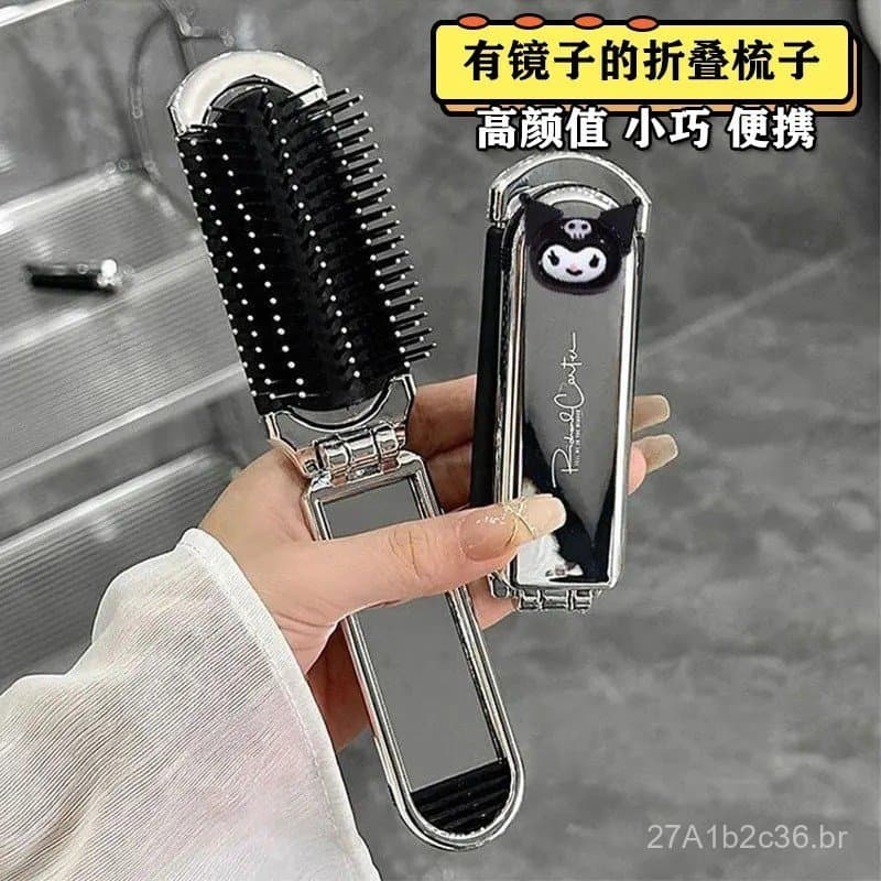 Novo Pente de Massagem Dobrável Kuromi, Pente Portátil Pequeno com Almofada de Ar e Espelho de Maquiagem Removível