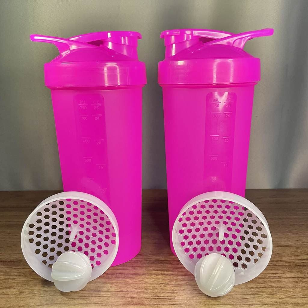 kit 2 Coqueteleiras Garrafinha Academia Fitness 750ml ROSA com Peneira e Esfera Misturadora