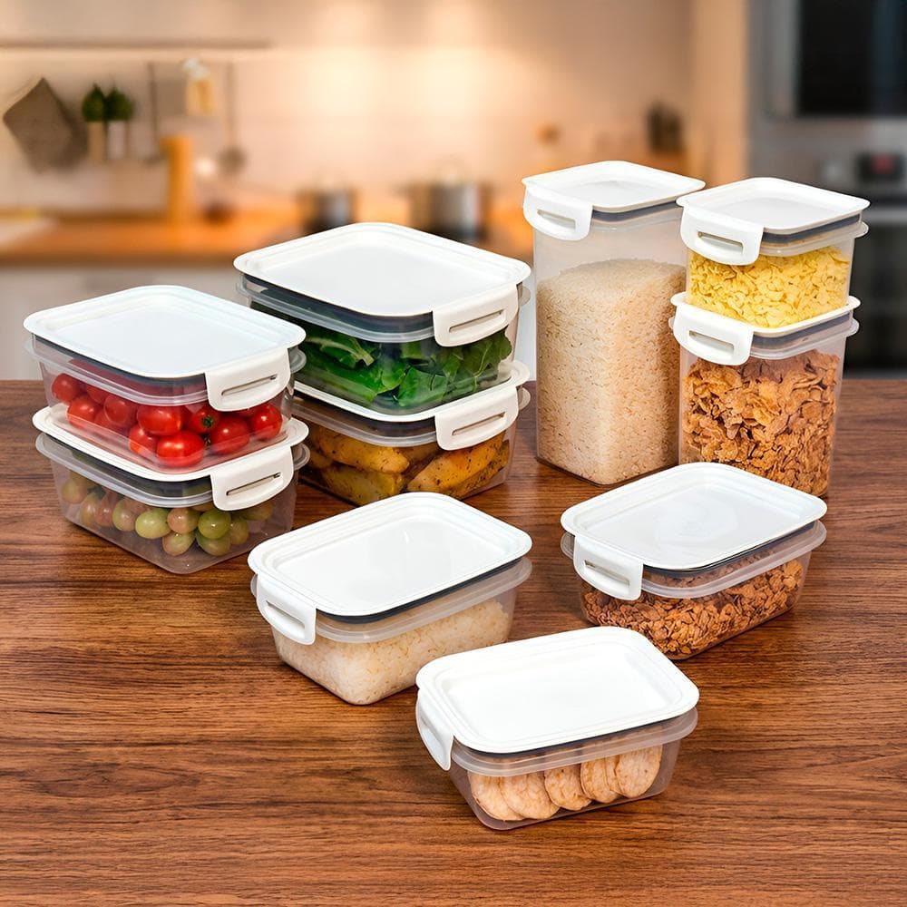 Kit Mais 10 Potes Herméticos Empilháveis com Tampa e Travas Plástico Despensa Geladeira Freezer Microondas Plasútil