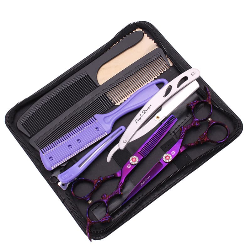 Dragão roxo 20cm dragão lidar com tesoura de cabeleireiro tesoura corte plano franja corte dente corte combinação conjun