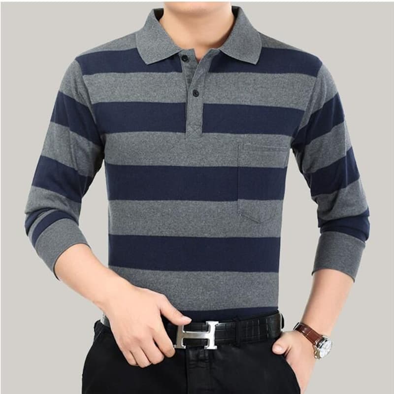 Primavera outono lapela masculina puro algodão manga comprida camiseta com bolso superior de meia-idade listras idosas s