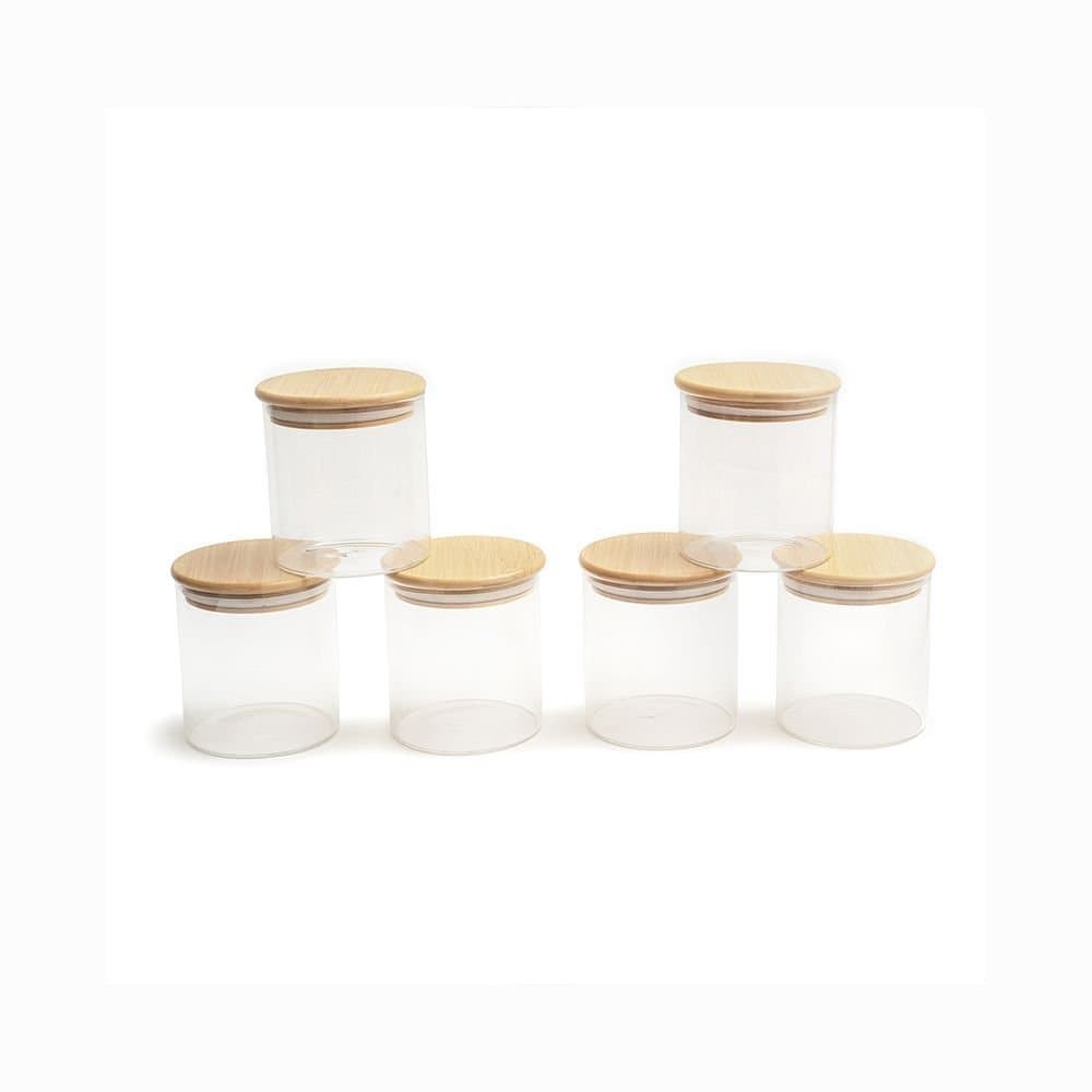 Kit 6 Potes de Vidro com Tampa de Bambu Oikos 110ML Hermético Redondo