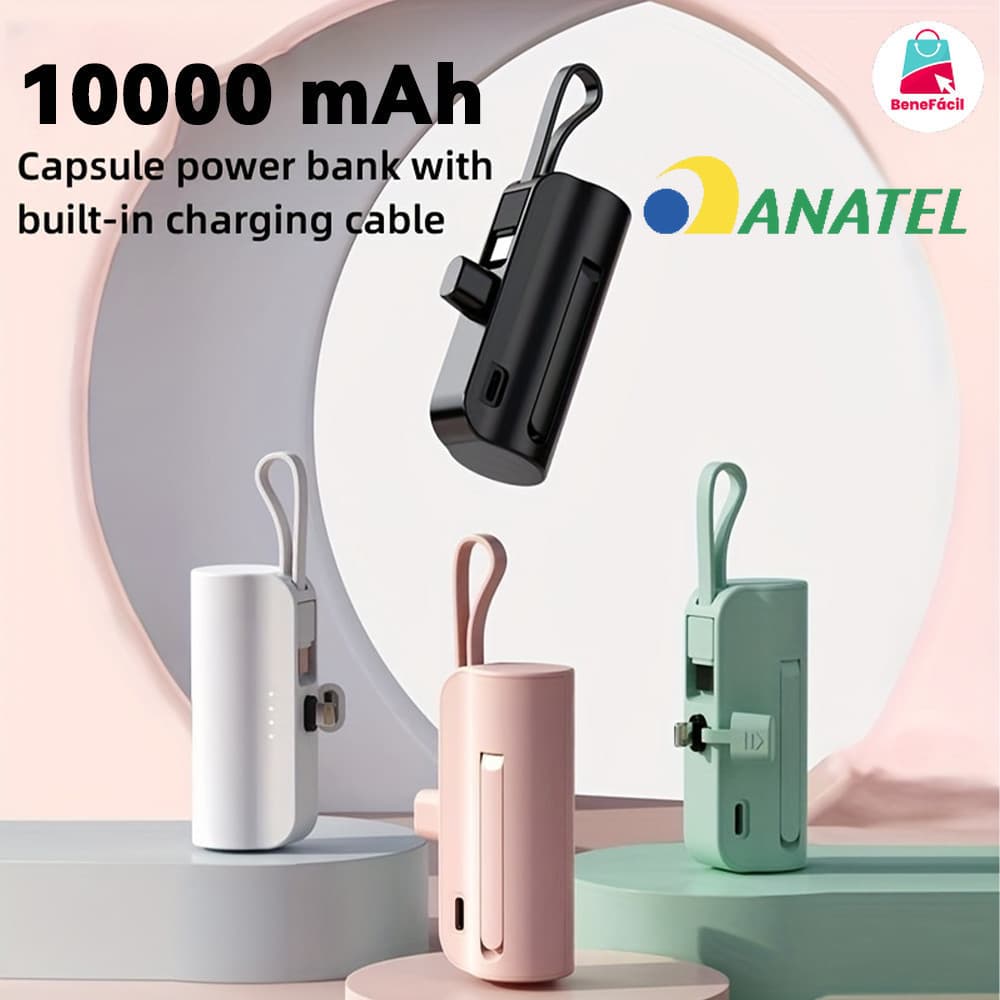 Power Bank Mini 10000mAh para Viagens: Recarga Sem Fio e Cabo (iPhone e Tipo-C) 2em1