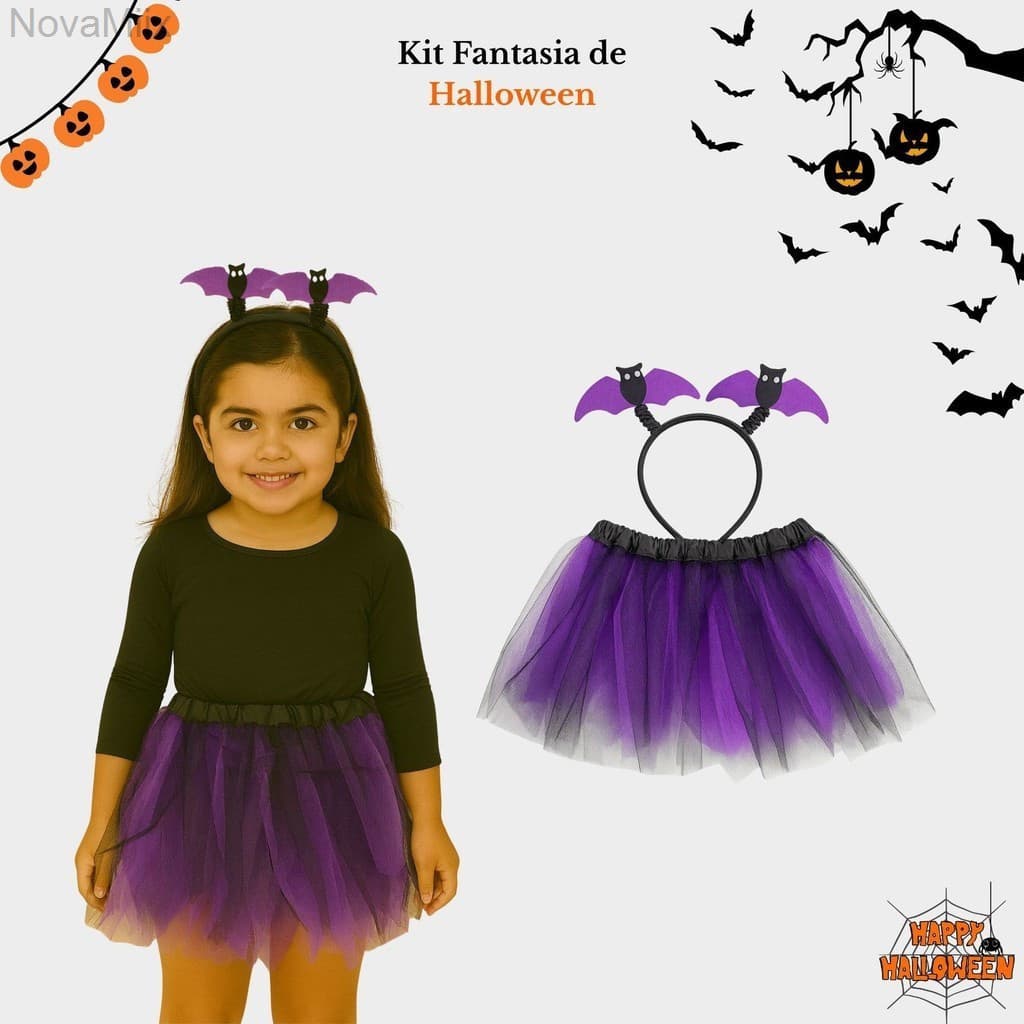 (V)Fantasia Infantil Halloween Roxa com Tiara de Morcego e Saia 30cm – Kit Festa TemáticaMYBMDBT05FGN
