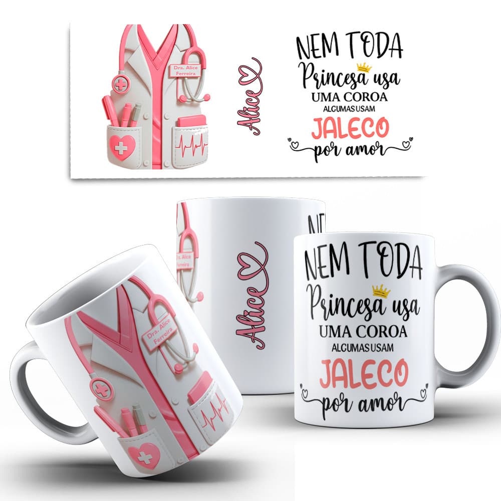 Caneca Personalizada Jaleco Enfermagem/Médico 3D Com Seu Nome