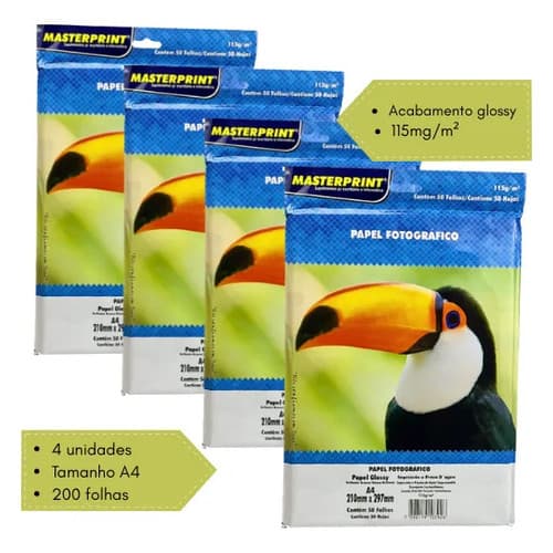 Kit com 4 Papel Fotográfico 115g A4 50Fls Papel Glossy Brilhante Branco