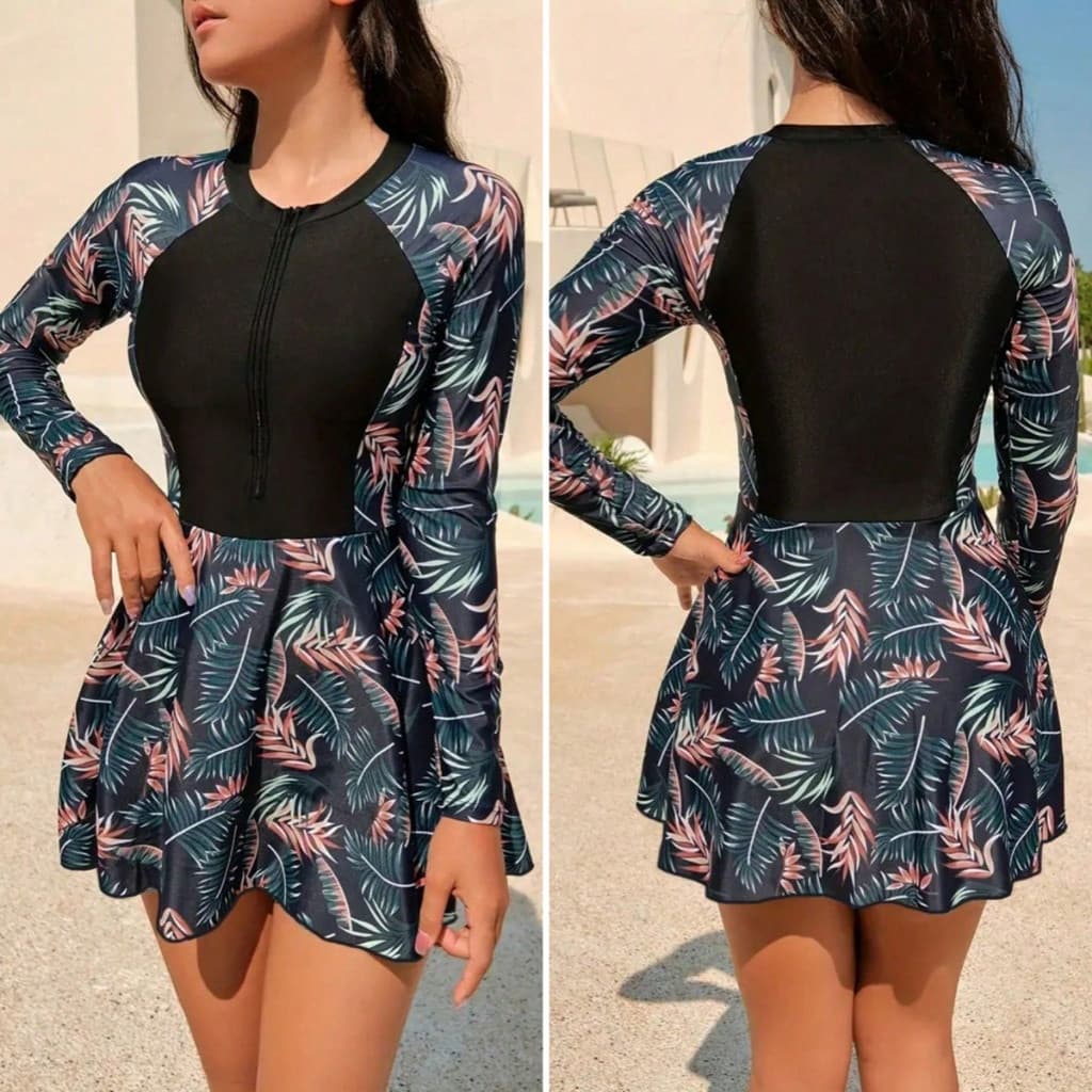 Conjunto de Roupa de Banho Feminina para Praia com Estampa de Plantas Tropicais e Mangas Raglan ZLVB