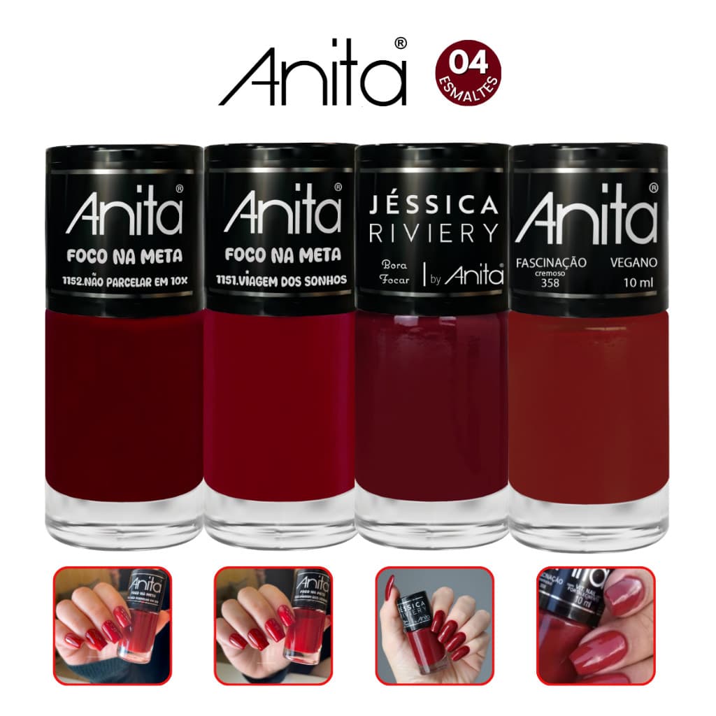 Kit 4 Esmaltes Anita Vermelhos Variações de Tons Alta Cobertura