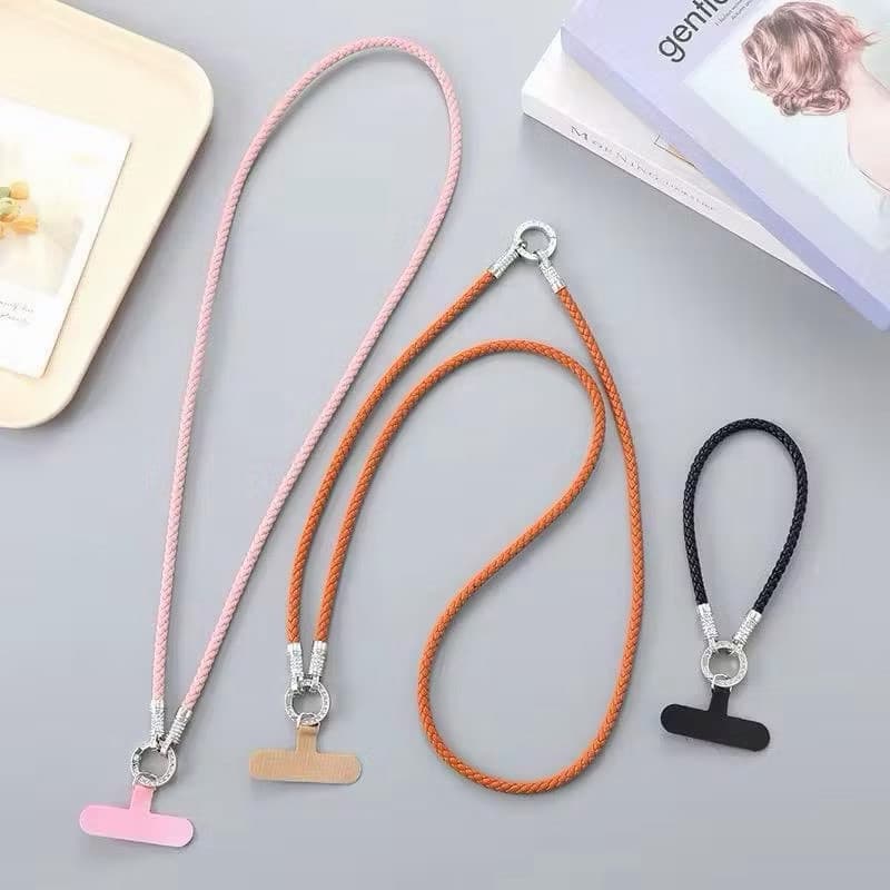 Alça Transversal para Celular 3 em 1 Premium Cordão Couro PU Trançado com Suporte Universal Anti-Queda pulso e pescoço
